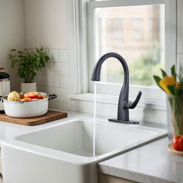 16 in. Single Handle Gooseneck 360° Swivel Pull-down Sprayer Kitchen Faucet with Deck Plate in Oil Rubbed Bronze