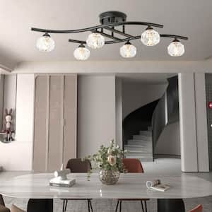 29.1 in. Matte Black Modern Minimalist Flush Mount Ceiling Light with Crystal Glass Shade