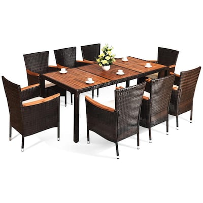 9-Piece Wood Rectangle Outdoor Dining Set with Beige Cushions