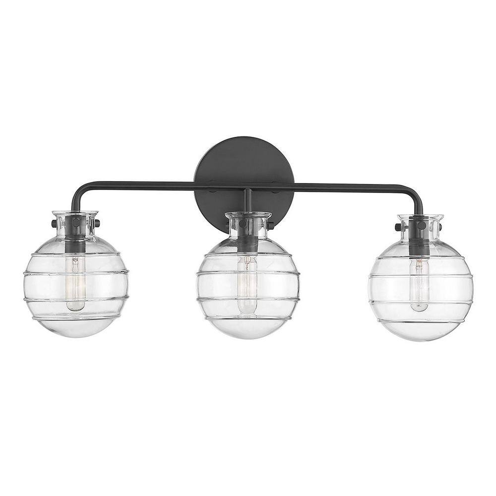 Matte Black 3-Light Vanity Light with Clear Swirl Glass Shades