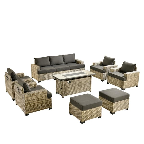 Kelleys 10-Piece Wicker Modern Outdoor Patio Furniture Conversation Sofa Set with a Fire Pit and Black Cushions