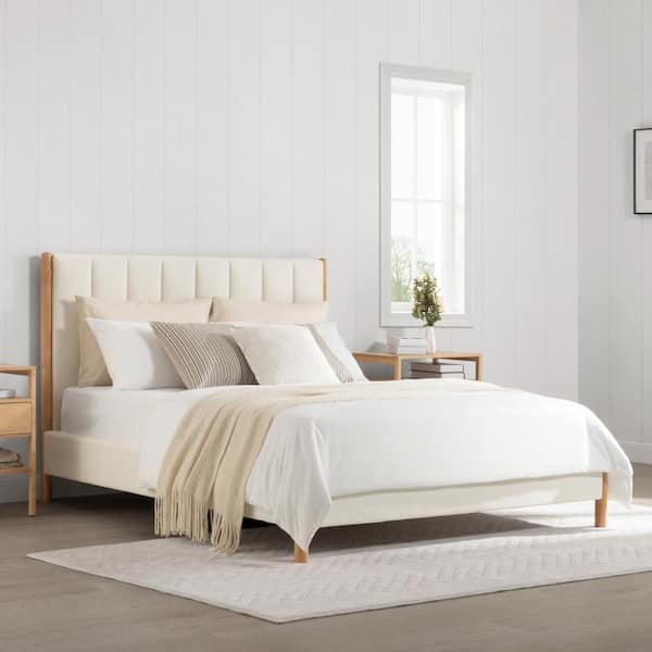 Luca White Wood Frame Queen Upholstered Platform Bed Mid-Century Modern Queen Bed Frame with Channel Tufting