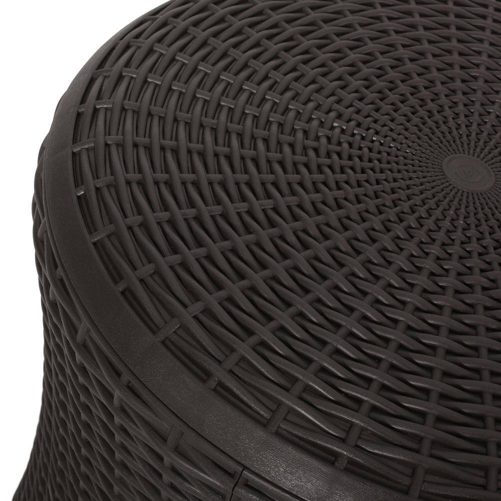 Close-up of the woven top of the dark brown outdoor side table.
