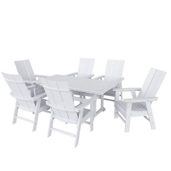 Shoreside Outdoor Patio Weather Resistant White 7-Piece HDPE Plastic Adirondack Dining Set