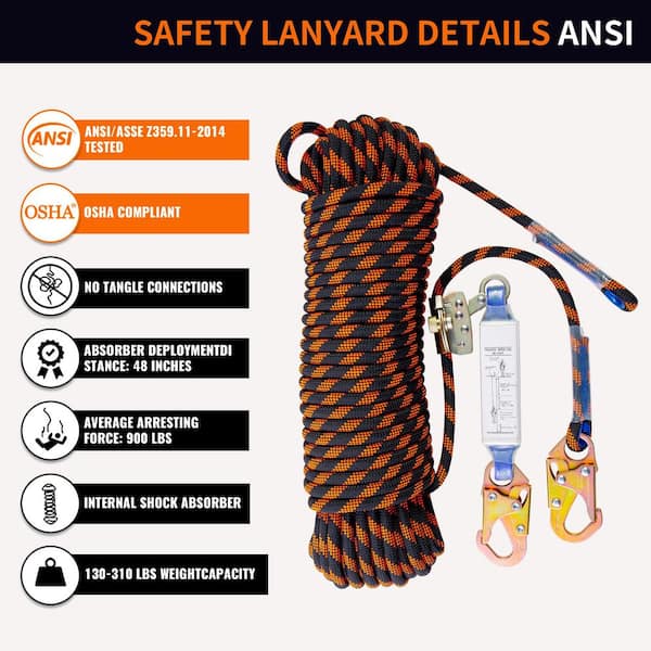 25 ft. Safety Lanyard Rope Harness w/Shock Absorber and Snap