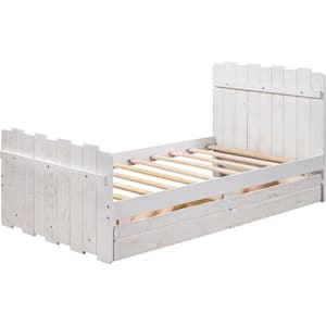 40.4 in. W White Twin Wood Frame Platform Bed with Drawers Vintage Fence-shaped Headboard and Footboard