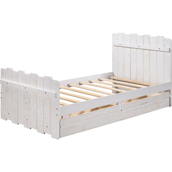 Unbranded Grey Solid Wooden Frame Twin Country Style Platform Bed With Vintage Fence-shaped Headboard, Footrests And Two Drawers