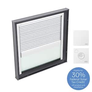 22-1/2 in. x 22-1/2 in. Fixed Curb Mount Skylight with Laminated Low-E3 Glass & White Solar Powered Room Darkening Blind