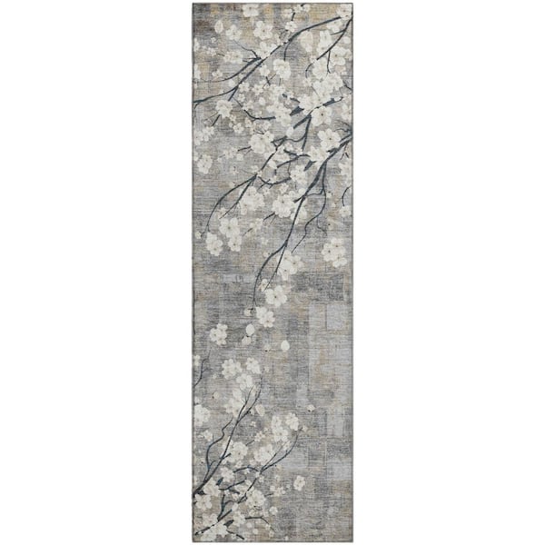 Mayfield Premium Machine Washable Abstract AMF2248 Gray 2 ft. x 7 ft. Runner Rug