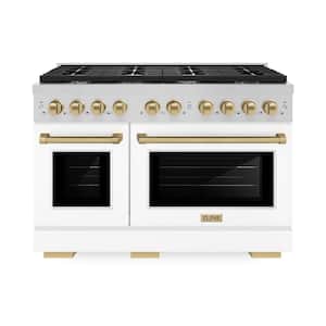 Autograph Edition 48 in. 8-Burner Freestanding Gas Range and Double Convection Oven in White Matte and Champagne Bronze