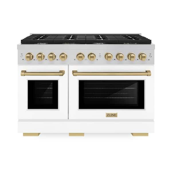 Autograph Edition 48 in. 8-Burner Gas Range Double Convection Oven in Stainless Steel, White Matte and Champagne Bronze