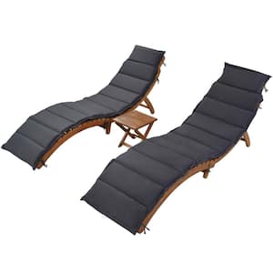 Dark Gray 3-Piece Wood Outdoor Chaise Lounge Set with Foldable Tea Table and Dark Gray Cushion for Balcony, Poolside