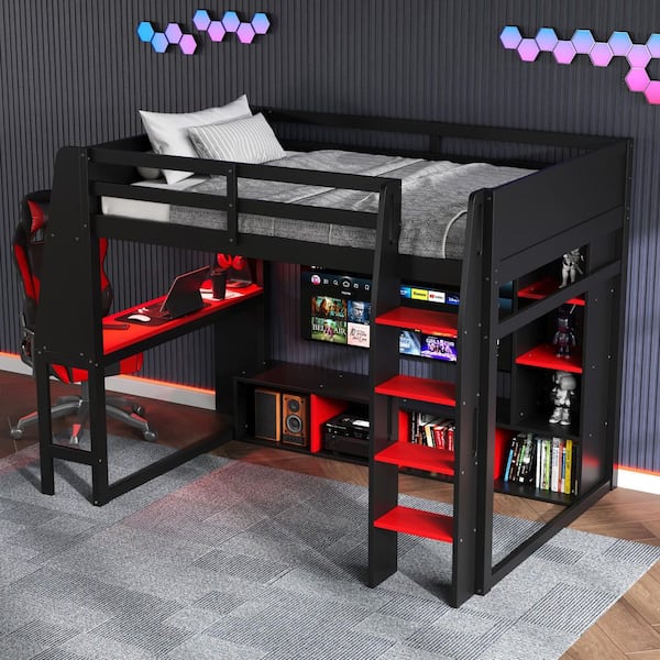 Gaming Style Black Twin Size Wood Loft Bed with Built-in Tabletop, LED, Multiple Storage Shelves, a Hanging Rack