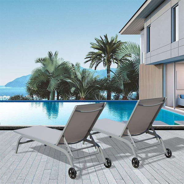 Boosicavelly 2 Pieces Grey Aluminum Outdoor Patio Lounge Chair with 5-Position Adjustable Backrest