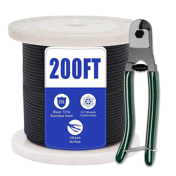 Afoxsos 200 ft. T316 Stainless Steel Black Cable Railing with Cutter for Deck Cable Railing System 1/8 in. 7 x 7 Strands