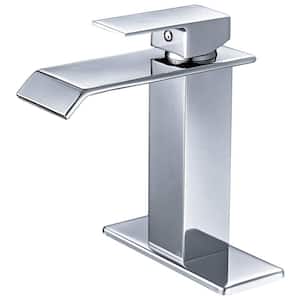 Waterfall Bathroom Faucet Single-Handle Single Hole Sink Faucet with Deck Plate in Polished Chrome Vanity Faucets