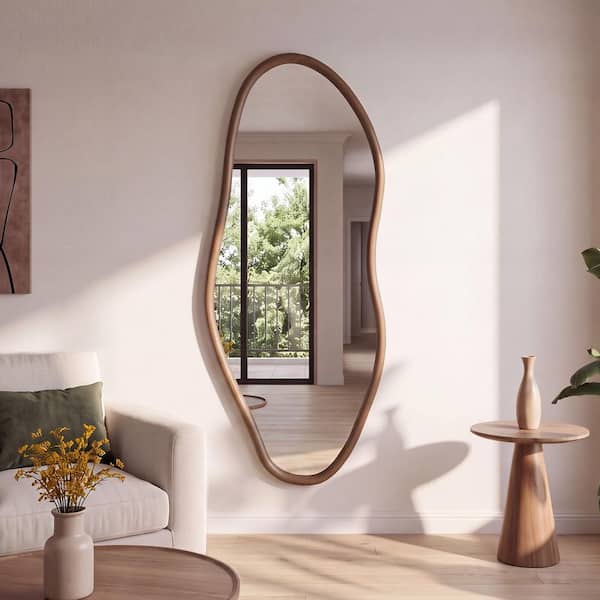 28 in. W x 71 in. H Irregular Walnut Natural Wood Frame Wall Mirror Asymmetric Mirror Decorative Mirror