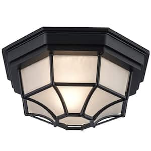 Benkert 11 in. 1-Light Black Outdoor Flush Mount Ceiling Light Fixture with Frosted Glass
