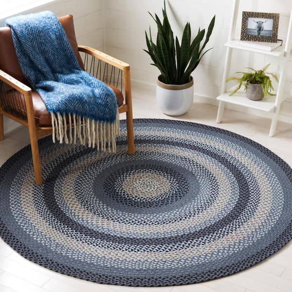 Braided Dark Gray/Blue 5 ft. x 8 ft. Striped Border Oval Area Rug