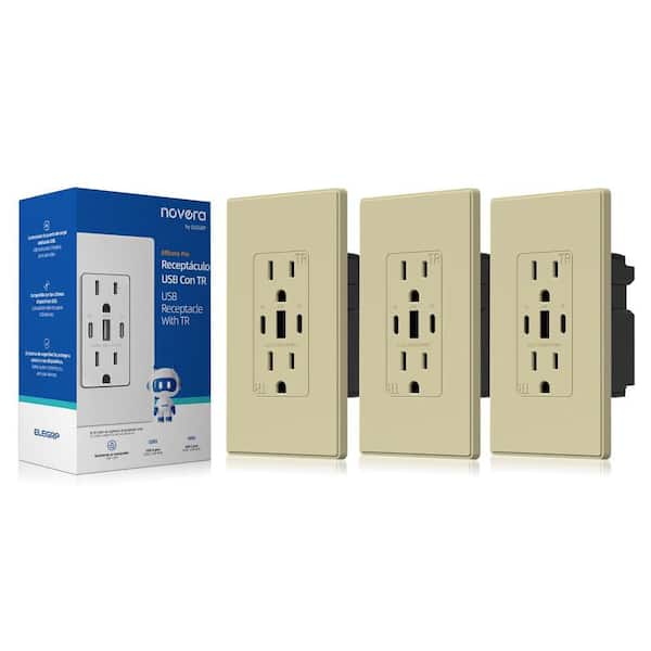 30W 6.0 Amp 3-Port USB Wall Outlet, 15A Duplex Receptacle with Dual Type C & A Ports, w/Wall Plate, Matte Ivory 3PC