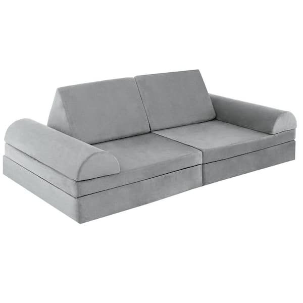 Costway 66 in. Rolled Arm 8-piece Suede Sponge Modular Kids Play Sofa Set Sectional Sofa in. Grey