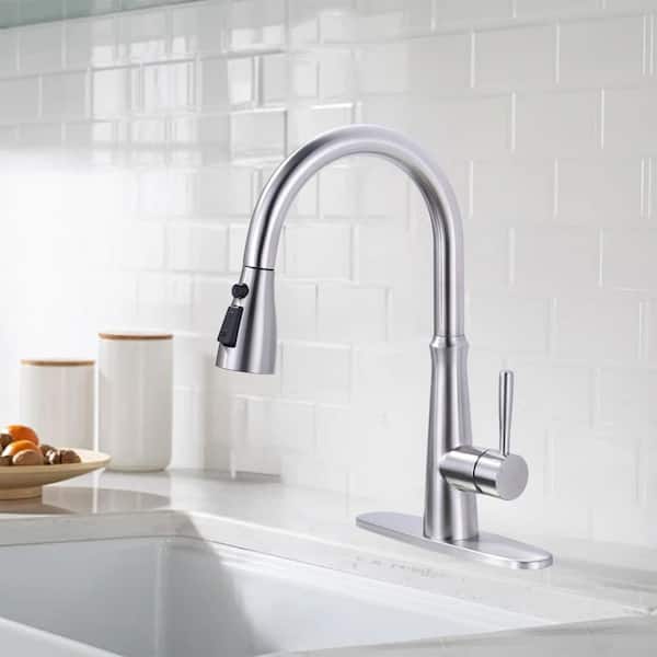Single Handle 15.4 in. Pull Down Sprayer Kitchen Faucet with 3-Spray Modes Sprayer Fixed in Brushed Nickel