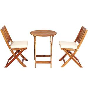 3-Piece Folding Wood Round Outdoor Bistro Set with White Cushions