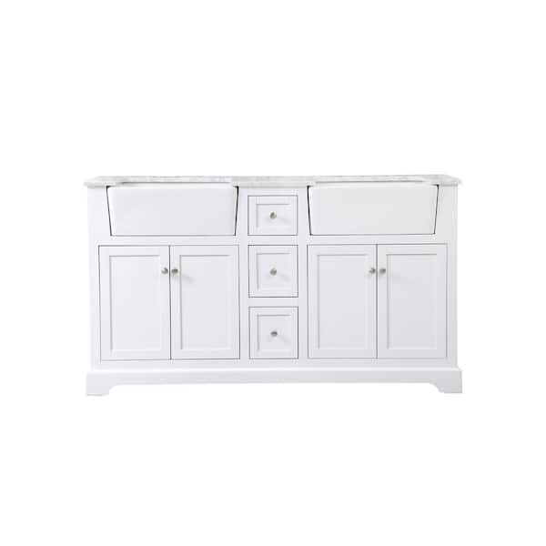 Unbranded Timeless Home 60 in. W x 22 in. D x 34.75 in. H Double Bathroom Vanity Side Cabinet in White with White Marble Top