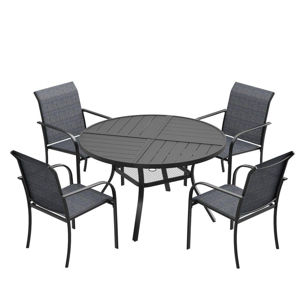 5-Piece Outdoor Patio Dining Set with 40.6 in. Black Round Table and 4-Grey Dining Chairs