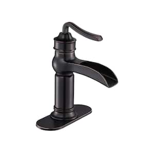 Single Handle Single Hole Mid-Arc Waterfall Bathroom Sink Faucet with Deckplate Pop-Up Drain in Oil Rubbed Bronze