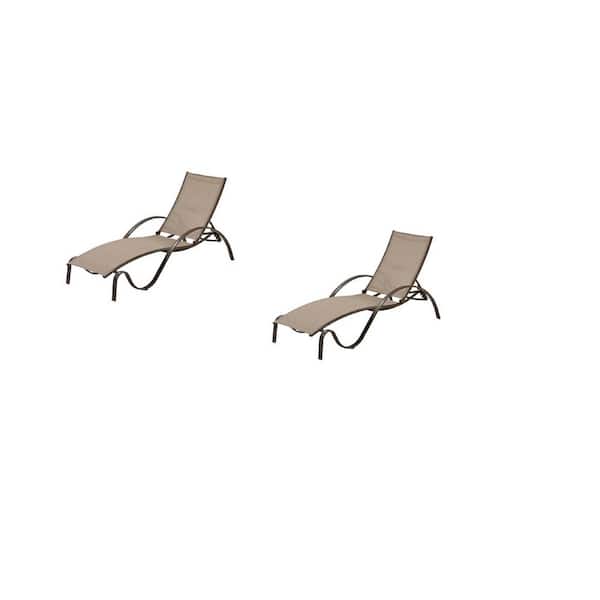 Hampton Bay Commercial Grade Aluminum Brown Outdoor Chaise Lounge in Sunbrella Elevation Stone Sling (2-Pack)