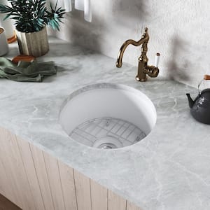 White Undermount/Drop-in Fireclay 18.5 in. L x 9 in. D Single Bowl Round Kitchen Sink with Bottom Grid and Strainer