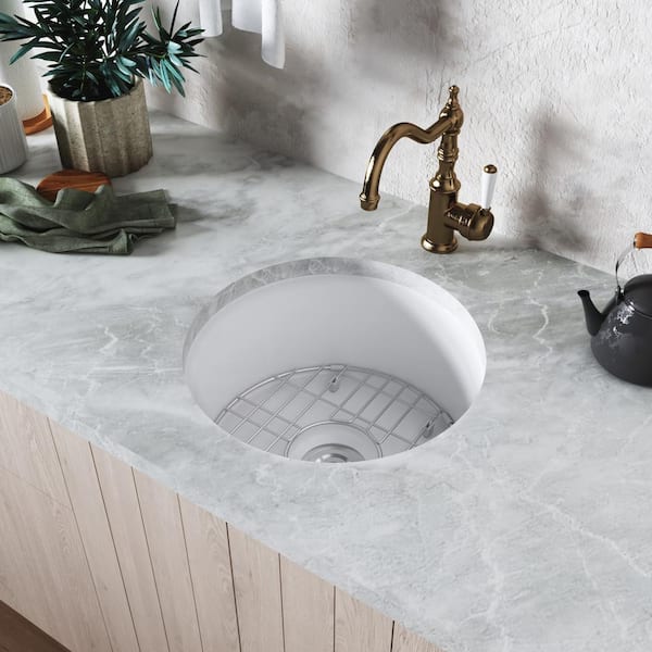 DEERVALLEY White Undermount/Drop-in Fireclay 18.5 in. L x 9 in. D Single Bowl Round Kitchen Sink with Bottom Grid and Strainer