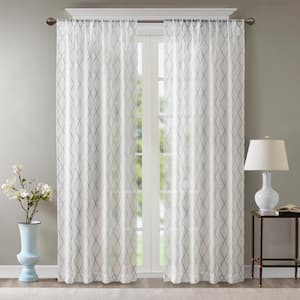 White/Grey Abstract Embroidered Rod Pocket Sheer Curtain - 50 in. W x 84 in. L