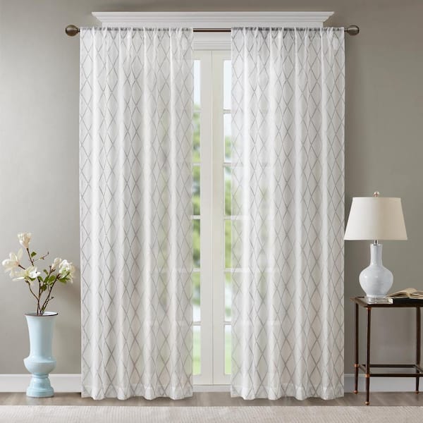 Madison Park Iris White/Gray Abstract Embroidered 50 in. W x 84 in. L Rod Pocket Sheer Curtain