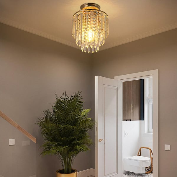 OUKANING 9.05 in. 1-Light Gold Modern Crystal Semi-Flush Mount