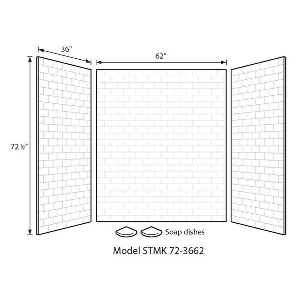 36 in. x 62 in. x 72 in. 3-piece Solid Surface Subway Tile Easy Up Adhesive Alcove Shower Surround in White 36 in. x 62 in. x 72 in. 3-piece Solid Surface Subway Tile Easy Up Adhesive Alcove Shower Surround in White
