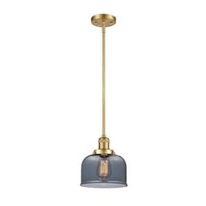 Bell 1-Light Satin Gold Bowl Pendant Light with Plated Smoke Glass Shade