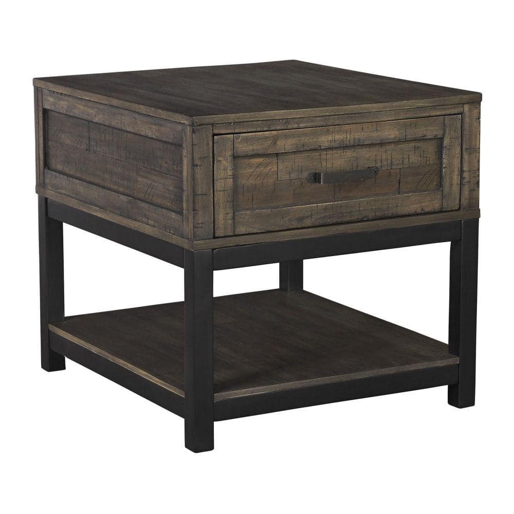 Rustic Brown and Black Rectangular Wood End Table with Storage
