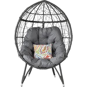 Gray Wicker Outdoor Lounge Chair with Gray Cushions, Stand