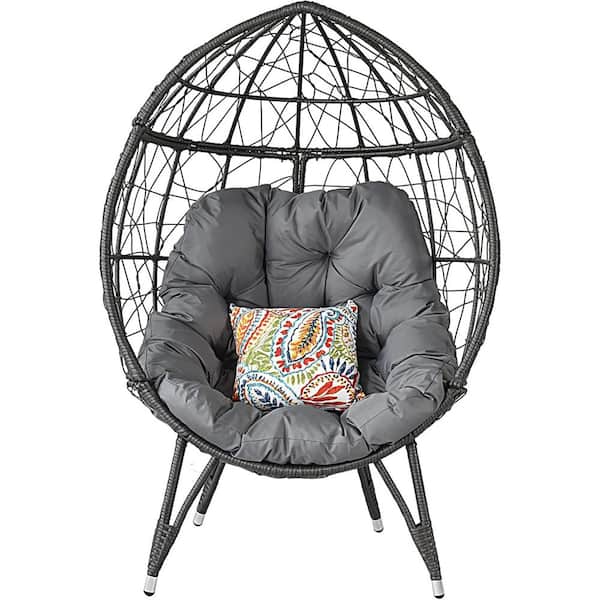 Tenleaf Gray Wicker Outdoor Lounge Chair with Gray Cushions, Stand
