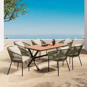 7-Piece Green Frame Metal Outdoor Dining Set with Beige Cushions, Acacia Wood Tabletop for Garden, Balcony