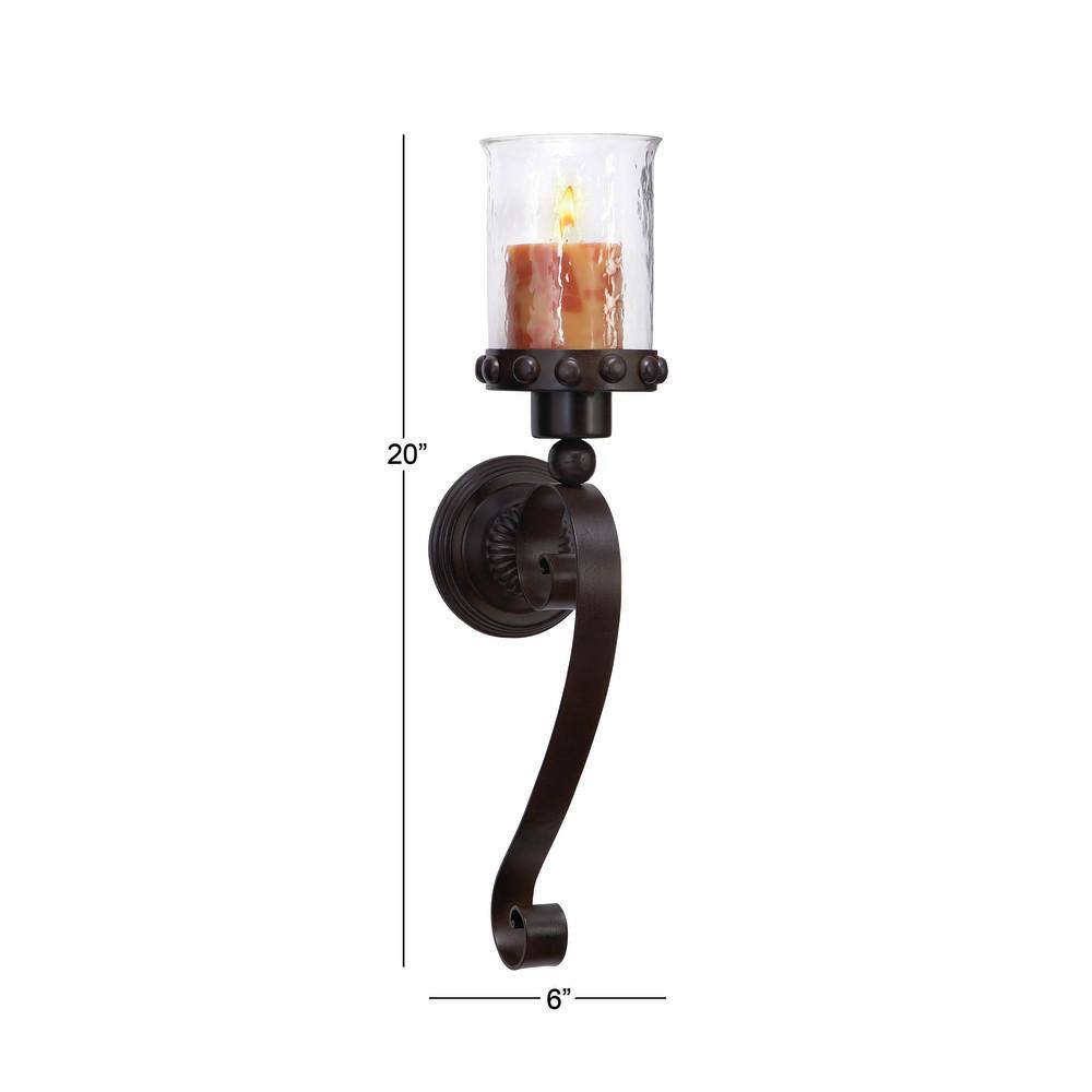 Brown Metal Scroll Wall Sconce with Glass Hurricane