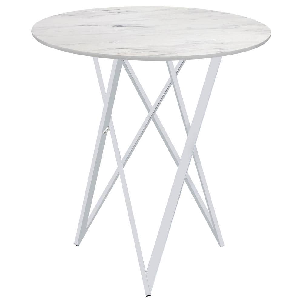 Round White Faux Marble Bar Height Table with Metal Base