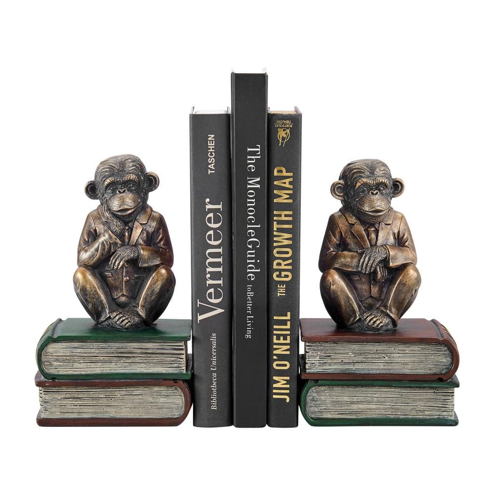 Antique Patina Finish Monkey Bookends with Resin Base