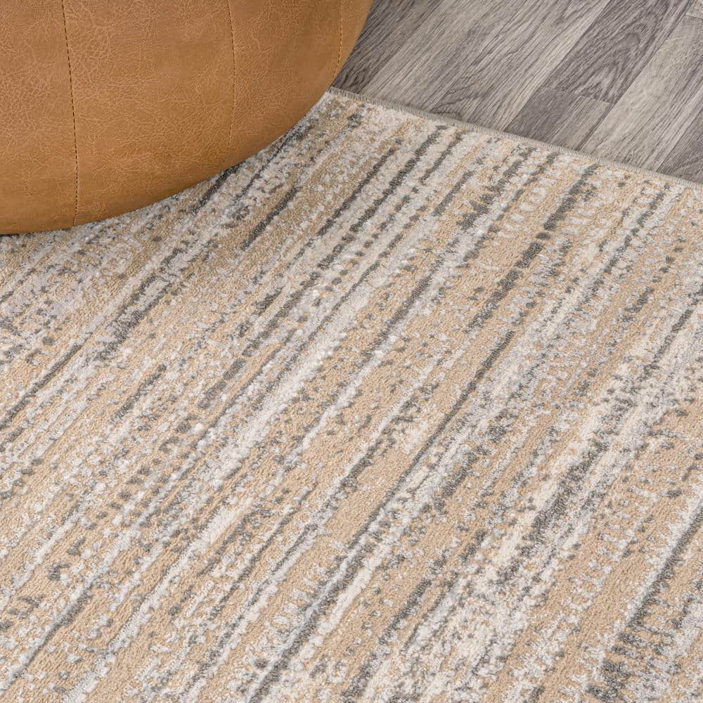 Beige and Gray Striped Synthetic Reversible Area Rug