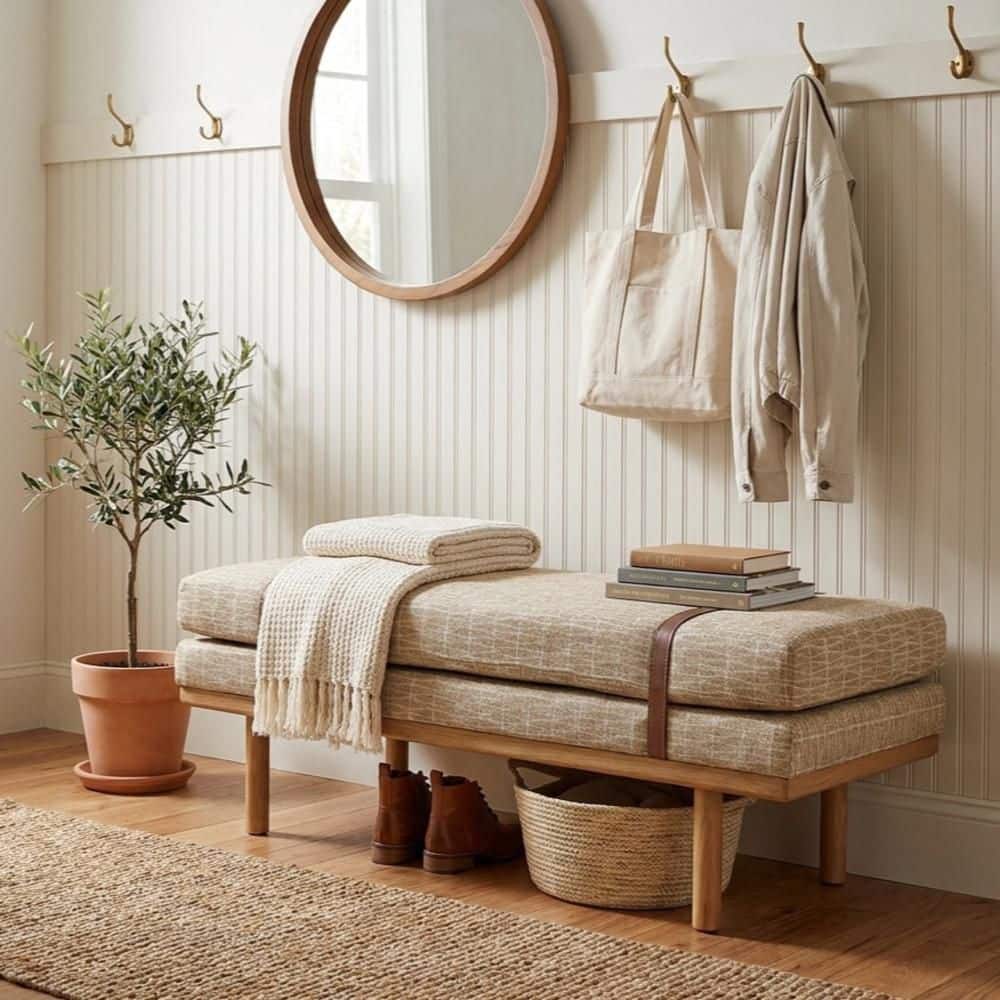 Tan Geometric Pattern Fabric 46 in. Bedroom Bench without Back with Wood Base price history on PriceWatchPro