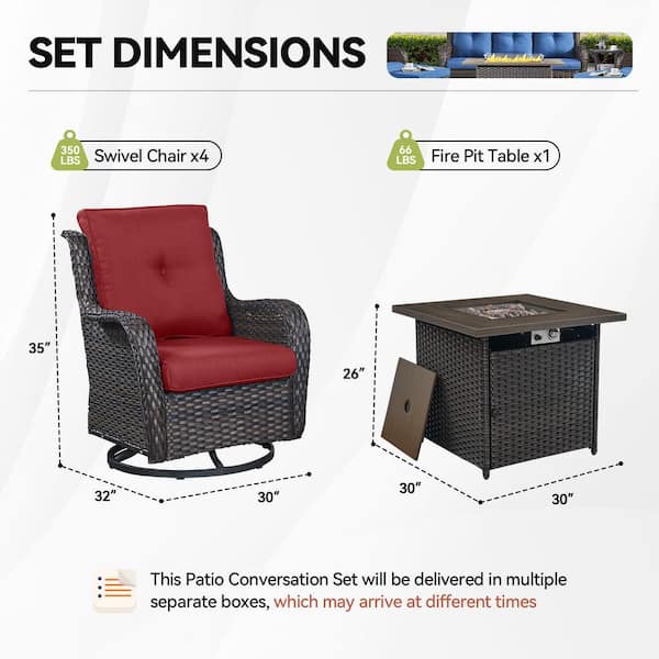 Brown 5-Piece Wicker Outdoor Dining Set with Olefin Red Cushions Fire Pit Sets with Swivel Gliders for Patio
