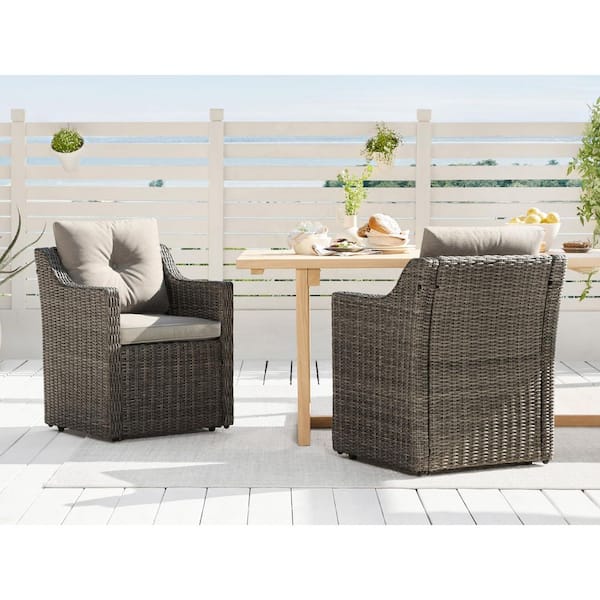 Thaddeus Gray Rattan Wicker Dining Chair with Removable Cusions and Casters, Steel Frame for Diningroom (Set of 2)