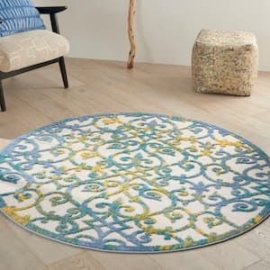 Aloha Ivory Blue 4 ft. x 4 ft. Round Floral Contemporary Indoor/Outdoor Patio Area Rug